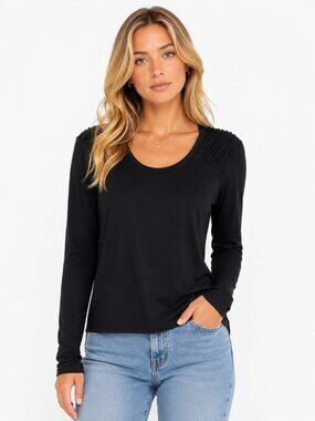 Chico's Black Long Sleeve Top With Pleated Shoulder Detail Size XL Womens